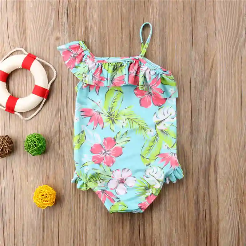 

Local stock One Piece Floral Baby Girl Bikini One Shoulder Swimwear Green Leaf Swimsuit Ruffles Bathing Suit Toddler Beachwear