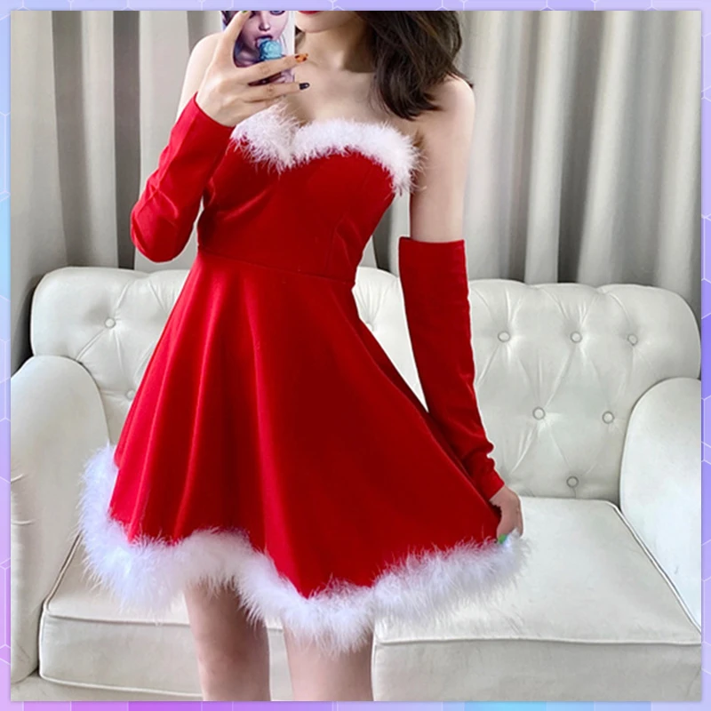 Women's Elegant Dress For New Year 2022 Strapless Backless Furry Sexy Short  Christmas Mini Dresses Navidad Red Party Vestidos - Dresses - AliExpress