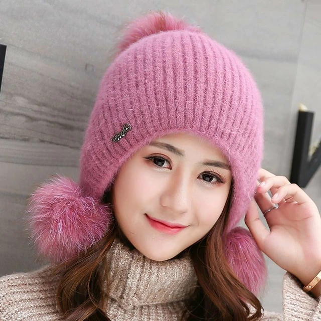 Simple Girl Thicken Ski Snow Cap New Fashion Fur PomPoms Winter