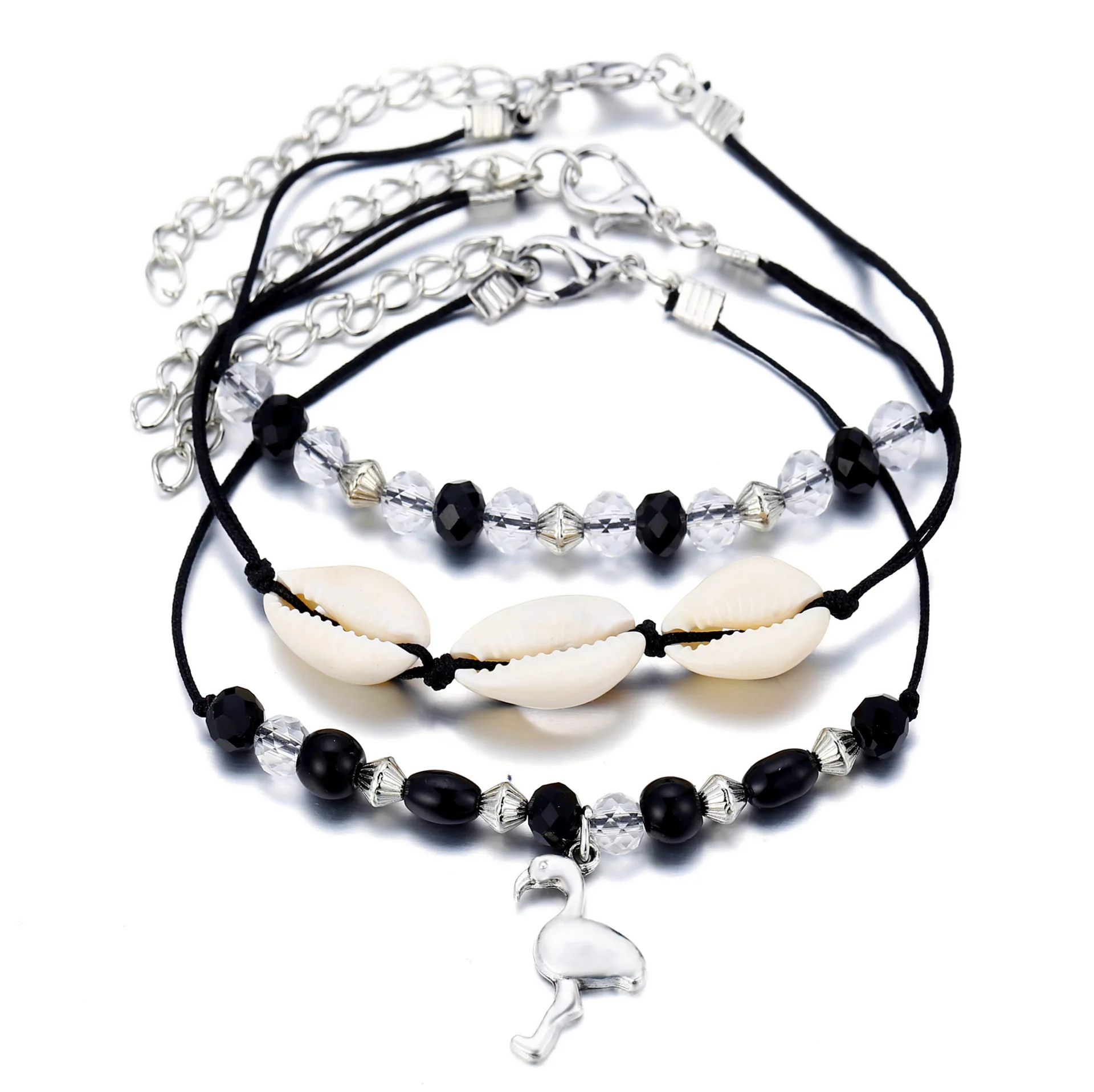 

Europe And America Hand Jewelry Creative Retro Flamingo Pendant Shell Black Bead Anklet Set Three-piece Set
