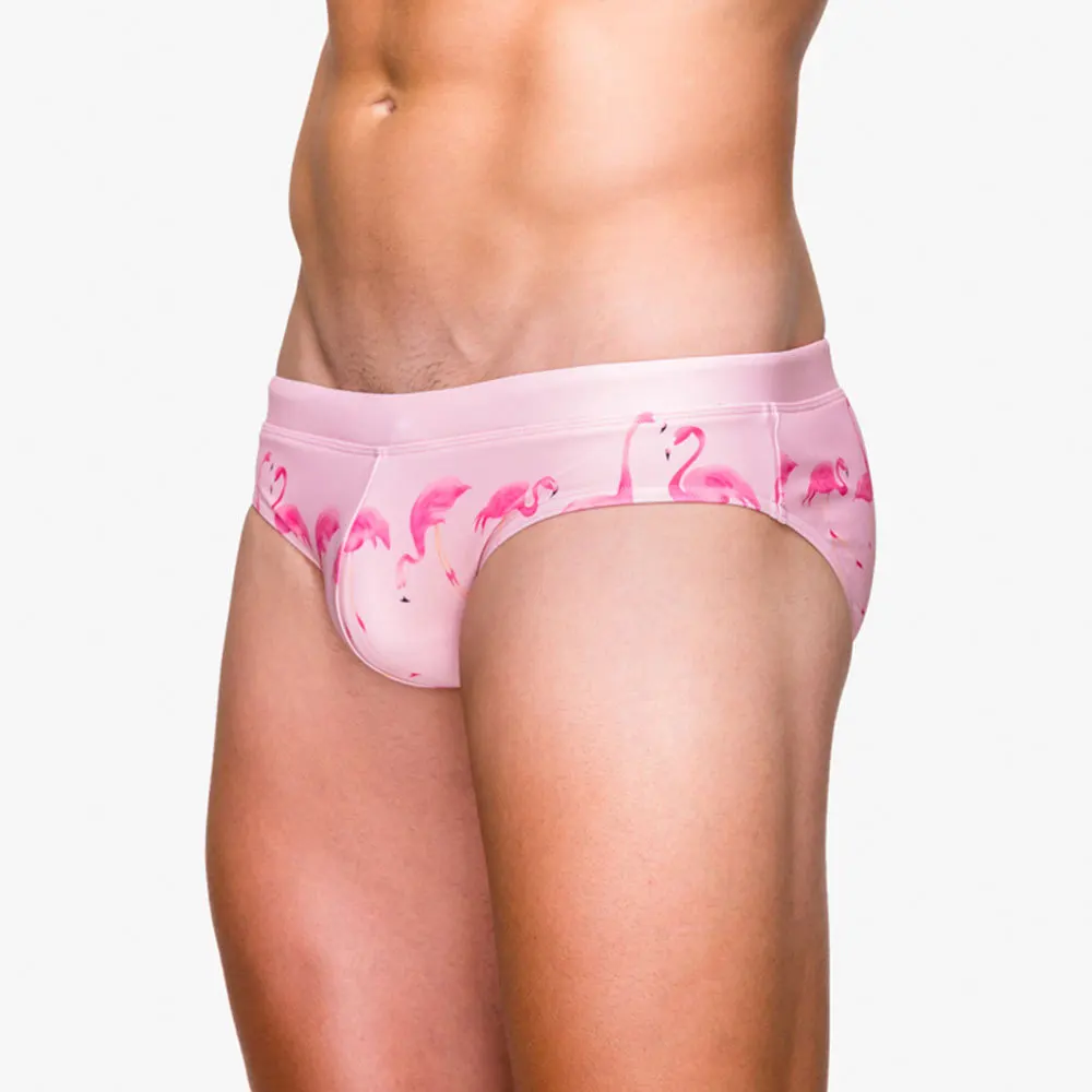 Pink Flamingo Printed Men Swimming Briefs Sexy Pouch Bulge Enhancing Push Up Padded Swimming Trunks Surfing Swimwear Swimsuits