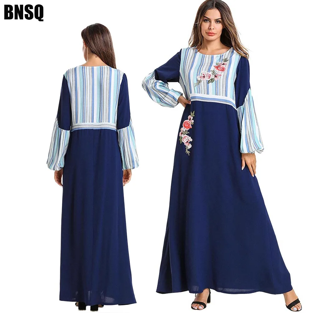 BNSQ женское мусульманское платье Среднего Востока Модный комбинезон в полоску контрастный цвет аппликация платья с вышивкой дропшиппинг - Цвет: Dark blue