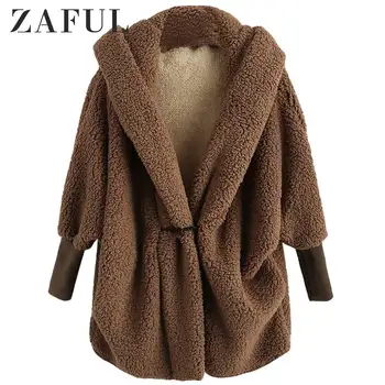 

ZAFUL Women Oversized Batwing Sleeve Fluffy Faux Fur Coat Bat Sleeved Hooded Solid Color Horn Button Tops Warm Winter Female