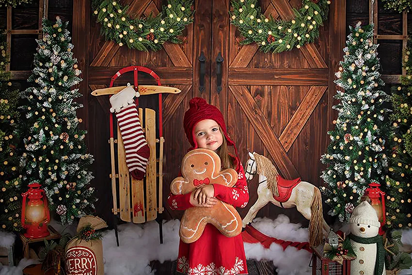 Mehofond Merry Christmas Photography Christmas Tree Vintage Wooden Door Brick Wall Gift Toy Bear Decor Backdrop Photo Studio
