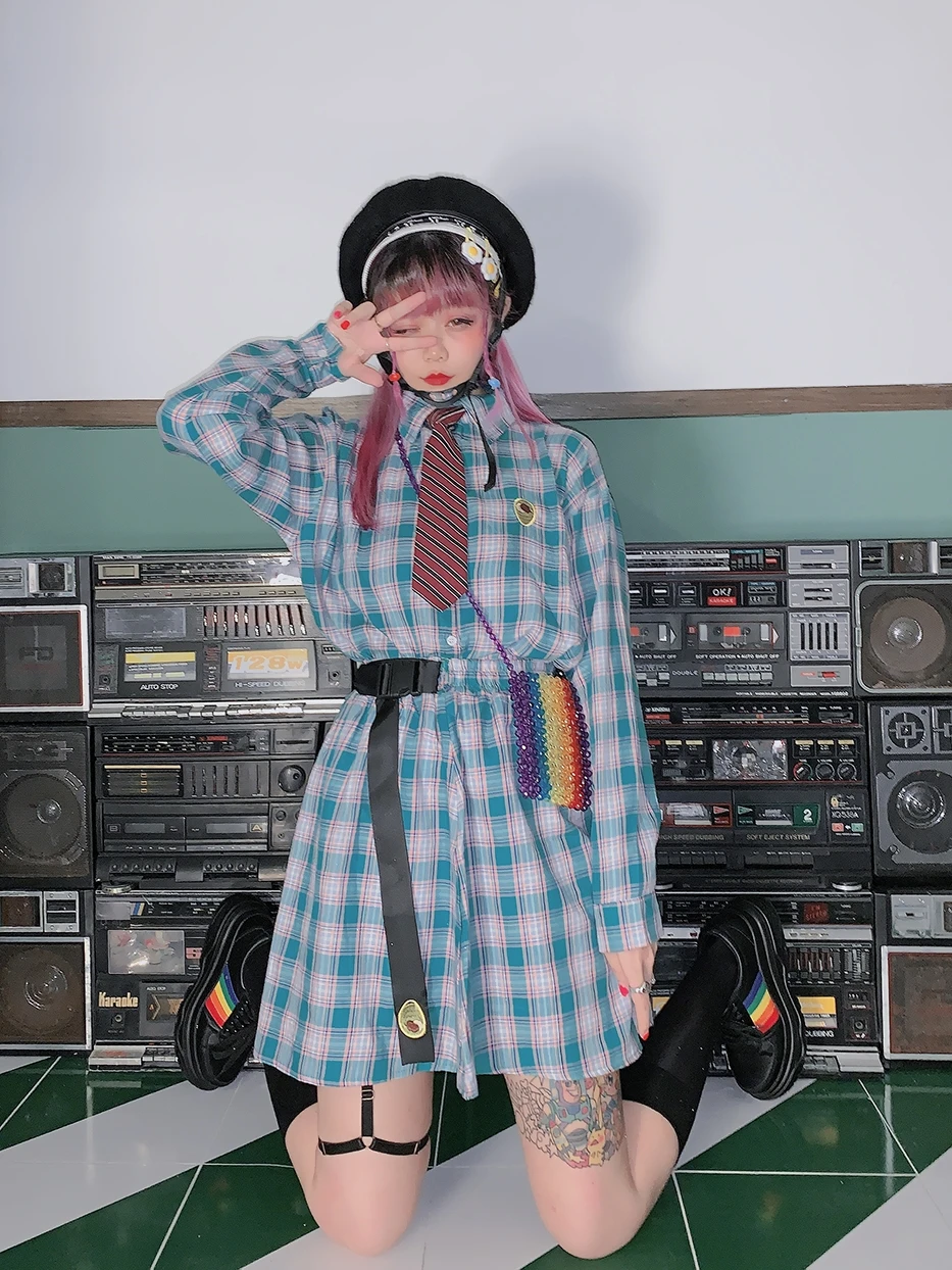 

Panya students'Plaid long sleeve suit Pink Blue Avocado Green shirt + short skirt with belt