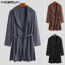 INCERUN, мужские халаты, винтажные, хлопковые, одноцветные, для фитнеса, с длинным рукавом, повседневные, длинные, халаты, домашняя одежда, с отворотом, кимоно, мужские пижамы, S-3XL