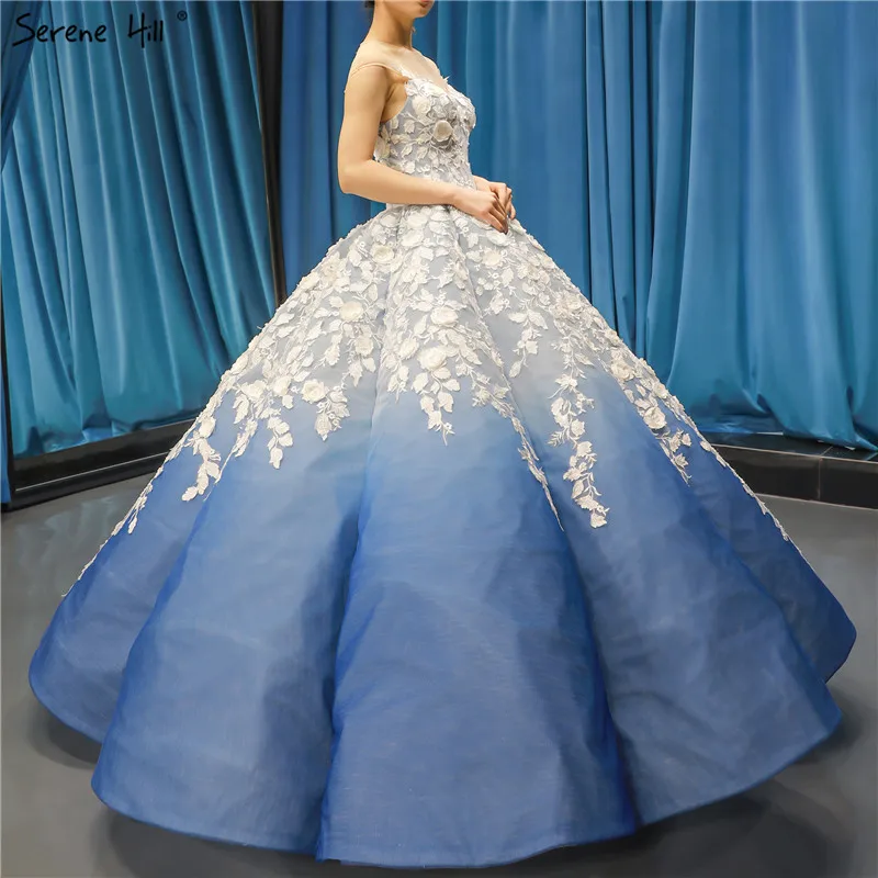 Blue Gradation Handcrafted Flowers Wedding Dresses O-Neck Sleeveless Lace Up Bridal Gowns Serene Hill Custom Made C66698