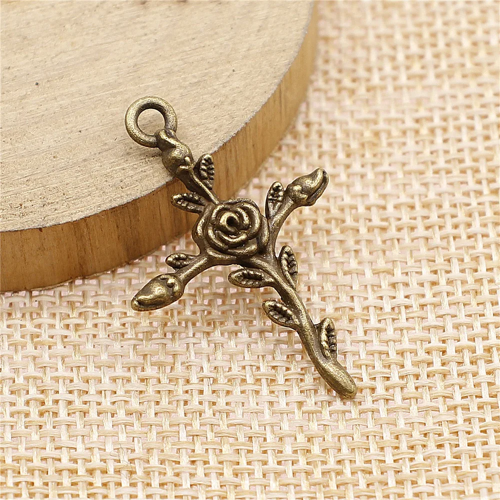 

50pcs Vintage Rose Flower Cross Pendant 35x23mm Cross Shape Flower Charm For Necklace Earrings Making DIY Jewelry Accessories