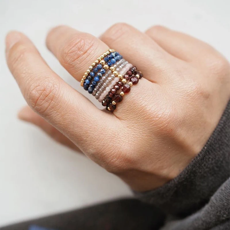Bohemian Mini Beads Rings Natural Stone Jewelry Multi Color Handmade Elastic Adjustable Fashion Gifts Women Girls | Украшения и