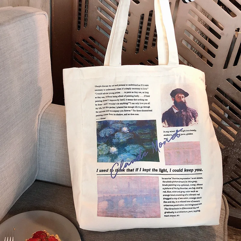 Shopper-Bag Graphic Tote Gogh Canvas Monet Harajuku Reusable Eco Women Van High-Capacity
