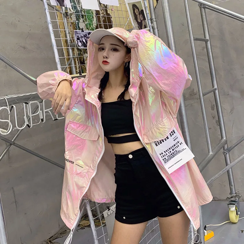 Girls Holographic Neon Loose Hooded Jacket Shiny Zipped Sun Protect Coat Stage