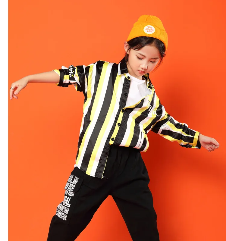 Детский комплект одежды в стиле хип-хоп, рубашка, полосатые глянцевые рубашки, штаны для девочек и мальчиков, костюмы для джазовых танцев, костюмы для Бальных уличных танцев