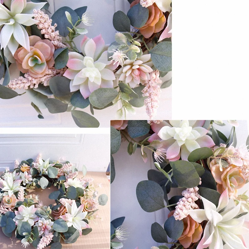 Artificial Succulent Flower Wreath Garden Hanging Wreath for Home Wall Front Door Wedding Decor