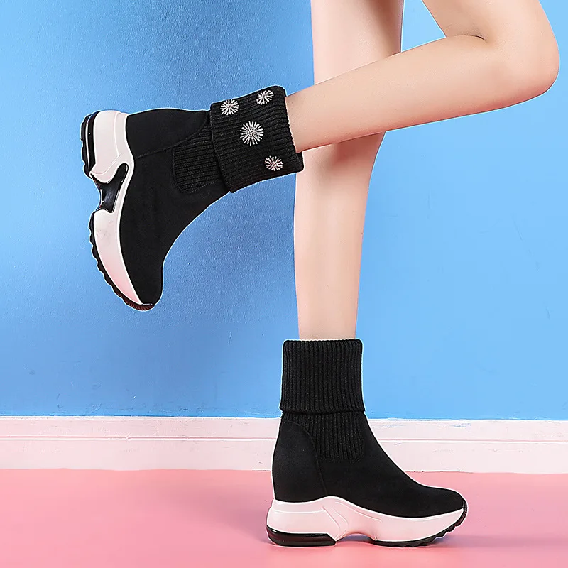 

Elevator Snow Boots Women's 2019 Winter New Style plus Velvet Warm Tube Short Boots Thick Fashion on Sock Boots