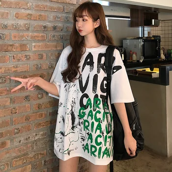 

Cotton Letter Print T Shirt Short Sleeve 2020 Summer New INS Fashion Loose Tops Half Sleeve Oversized Mid-length T-shirt Women