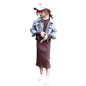 

Girl Autumn Dress Sets Children clothing Jeans Coat+Long Sleeve Striped Knitted Long Dress 2pc Girls Dress Set Kids Casual Suits