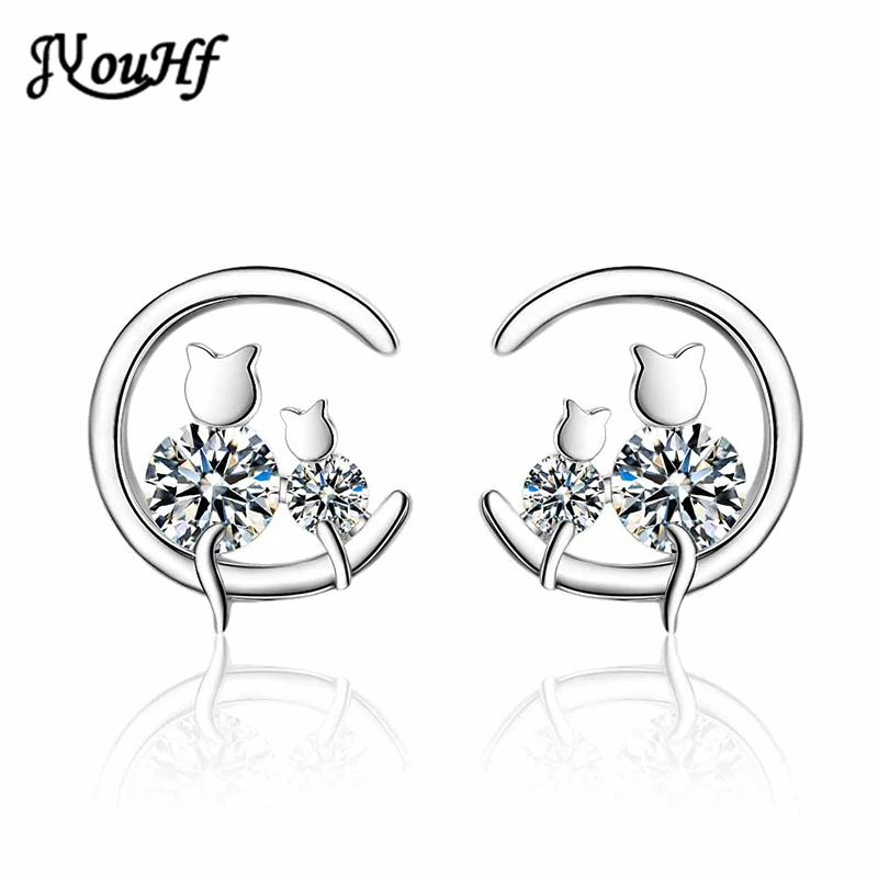 

JYouHF Fashion Cute Cat Animal Earrings for Girls Kids Korean Style 925 Sterling Silver Zircon Moon Stud Earrings Jewelry Gift