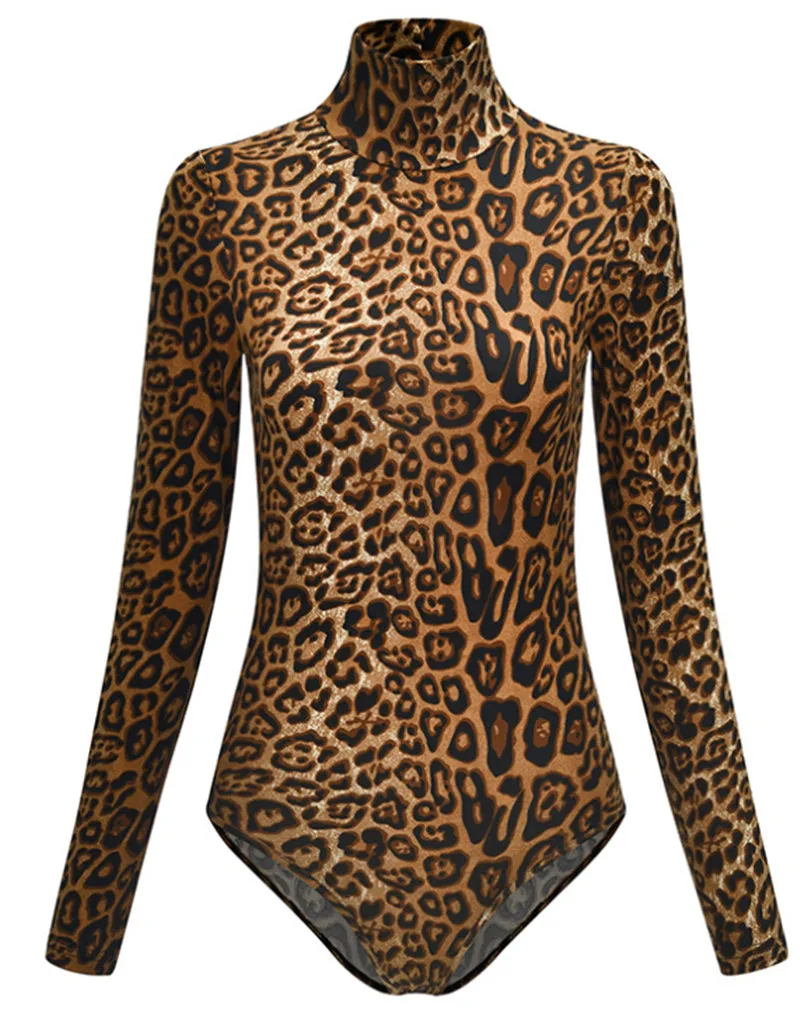 Sexy Women Long Sleeve Turtleneck Leopard Print Bodysuit Jumpsuit Clubwear Leotard Bodycon Animal Skin Romper Jumpsuit Out Tops