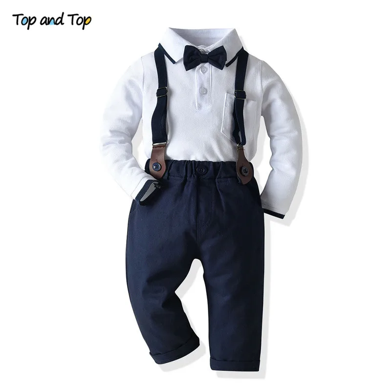 Комплект одежды джентльмена для новорожденных мальчиков; Топ и топ; Повседневная рубашка с длинными рукавами и галстуком-бабочкой+ комбинезон; комплект одежды; комплекты для малышей - Цвет: Белый