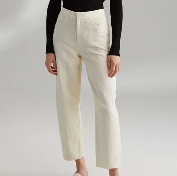 

Women Pants Novara Ivory White Mixed Black Cotton Linen for Women High Waist Straight Tube Trousers