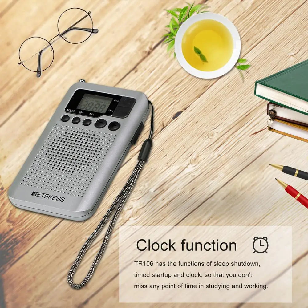 Retekess TR106 Silver Portable FM AM Radio with LCD Display Digital Tuning Speaker Headphone Jack and Support Clock Function