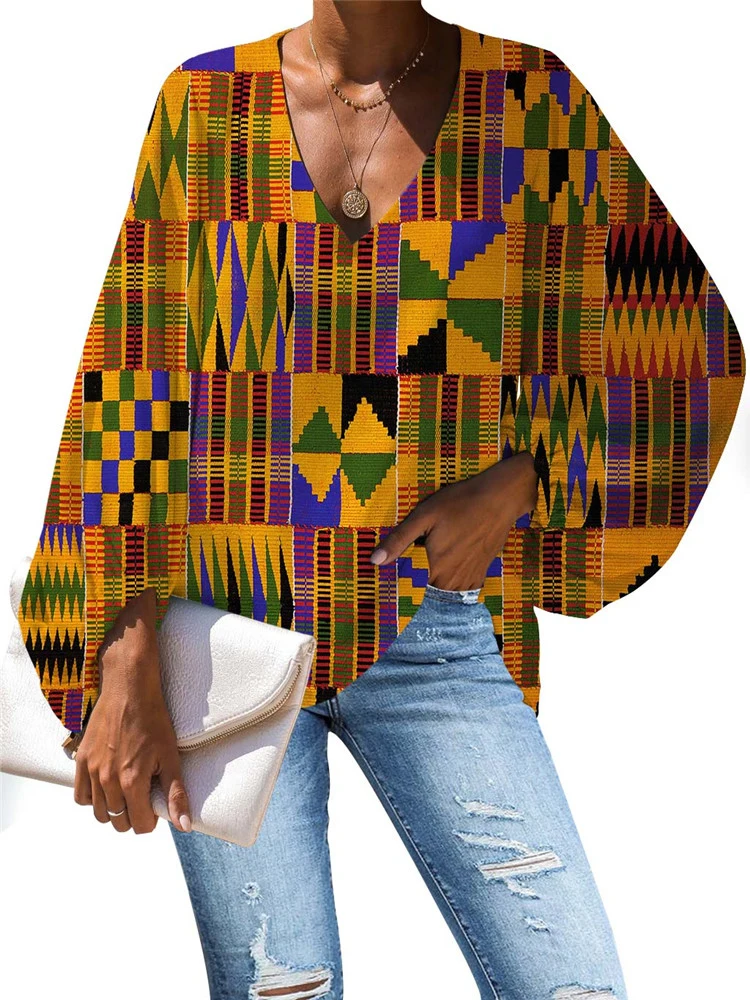 

MOZOEYU 2020 Ladies African Traditional Print Blouse V-Neck Long-sleeved Blouse Work Batwing Sleeve Loose Shirt