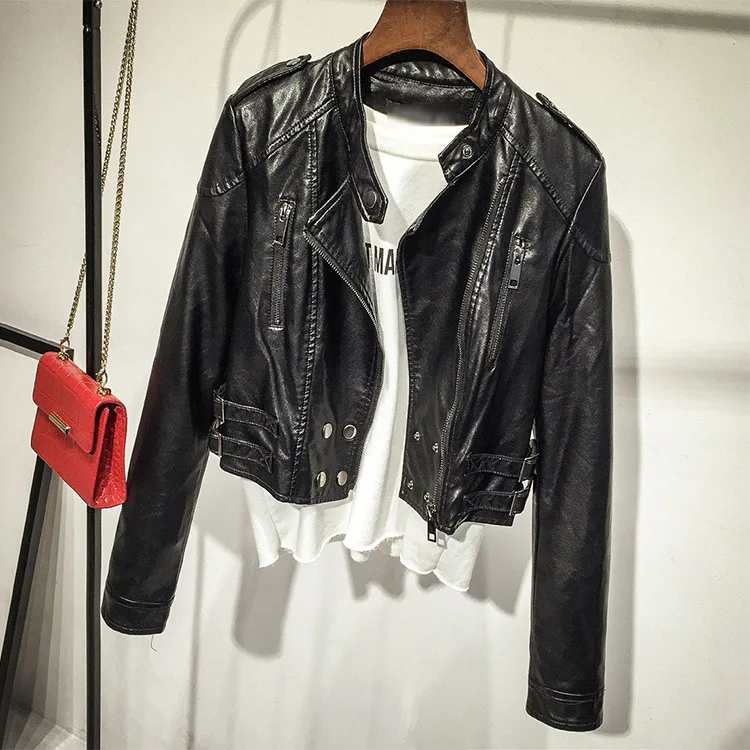 Черный Fashion Office Lady Women Faux Leather Jacket Solid Slim Womens Jackets and Coats Moto Biker Motorcycle Overcoat - Цвет: Черный
