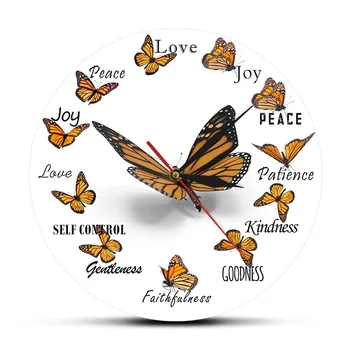 

Fruit of the Spirit Christian Virtues Flying Butterfly Round Clock Monarch Butterfly Home Decor Wall Clock Butterfly Lover Gift