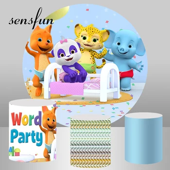 

Round Circle Animals Word Party Children Birthday Backdrops Tiger Elephant Photography Background Photo Studio Cylinder Covers