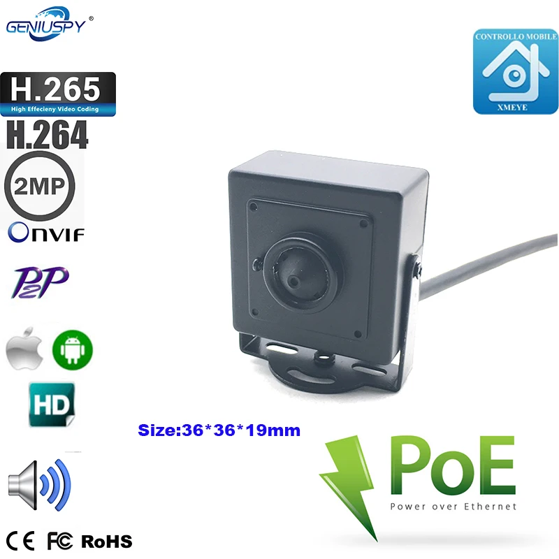 Миниатюрная мини Ip камера POE с контактным отверстием 2 Мп ONVIF HD H.265 P2P для