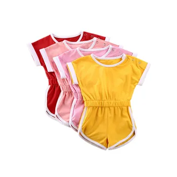

Toddler Short Sleeve Jumpsuit Solid Color Elastic Band High Waist Design Loose Baby Summer Clothing Sports Romper