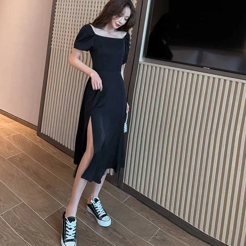 One-Piece Dress 2020 Summer New Fashion For Female Square Collar Puff Sleeve Dress Ladies Korean Party Holiday Elegant Dresses