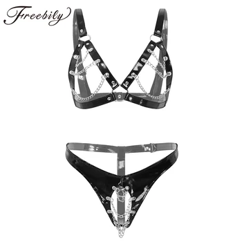 

Newest Hot PU Leather Sexy Lingerie Set Adjustable Straps Open Bust Bra Top and Crotchless Thong for Women Underwear Exotic Sets