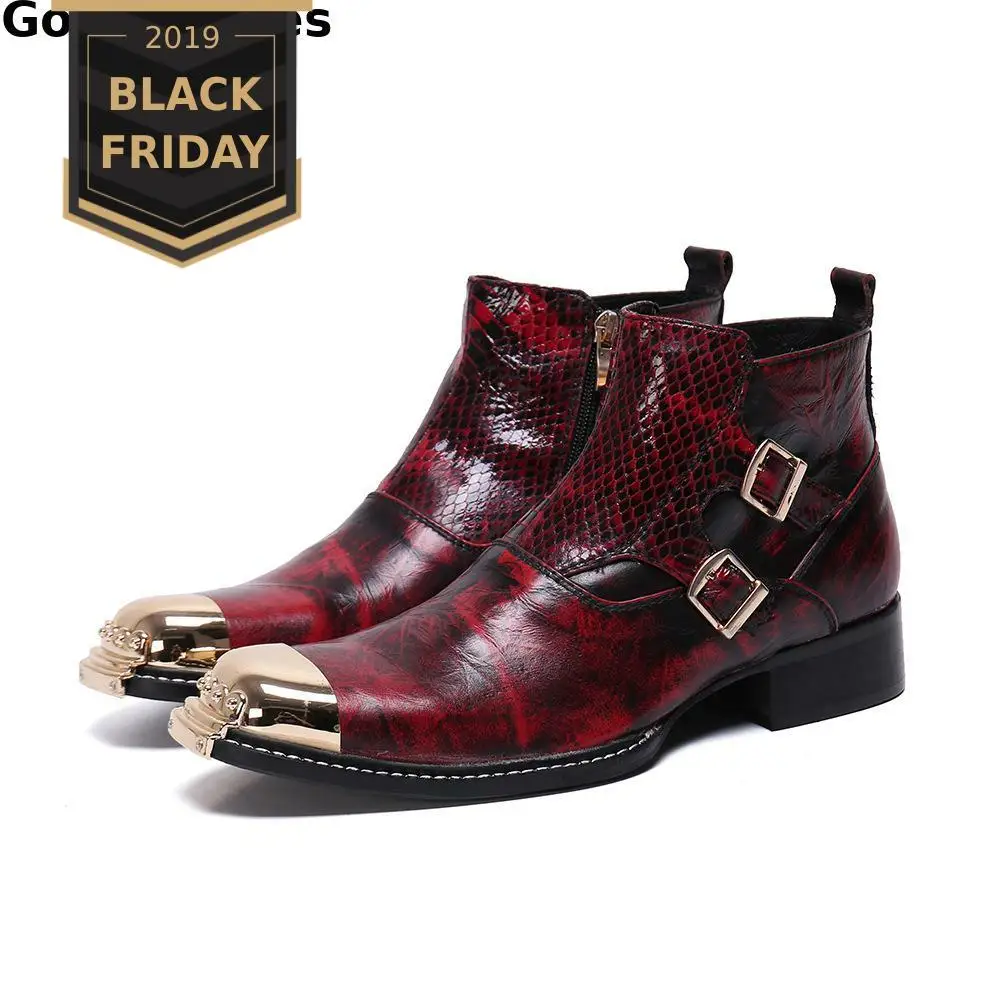 

New Style Men Boots Red Genuine Leather Snake Skin Printed Men Short Boots Metal Cap Toe Ankle Boots Side Zipper Buckle Straps