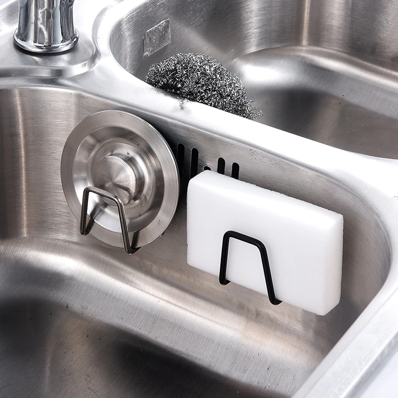 Kitchen Stainless Steel Sink Sponges Holder Self Adhesive Drain Drying Rack Kitchen Wall Hooks
