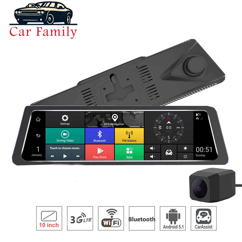 Car DVR Mirror 10 Inch IPS Touch Screen 3G Network Android 5.1 Dash Cam GPS Navigation WiFi Bluetooth Dual Lens Mirror Camera