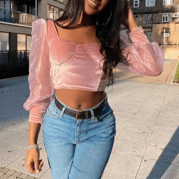 

Summer Womens Puff Sleeve Tops and Blouses Elegant Mesh Long Sleeve Low-cut Crop Top Ladies Dames Party Club Tee Streetwear