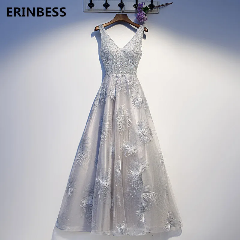 Праздничное платье с треугольным вырезом и длинными платье для выпускного с аппликациями серебристо-серый A-Line платье для выпускного вечера развертки поезд Для женщин вечерние