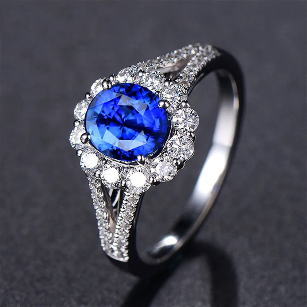 Сапфировый драгоценный камень женские кольца из белого золота Аквамарин голубые кристаллы кольцо для помолвки циркониевые бриллианты Роскошные ювелирные изделия