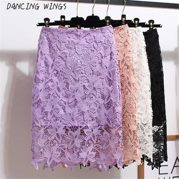 

New Arrival Women Fashion Pencil Skirts Elegant Summer High Waist Hollow Out Lace Office Skirts Ladies Female Clothing