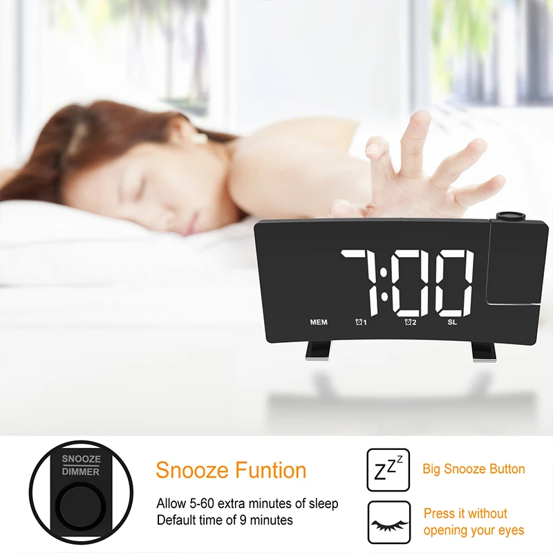 Home Projection FM Radio Digital Alarm Clock Snooze Function Backlight Rotatable Wake Up Projector