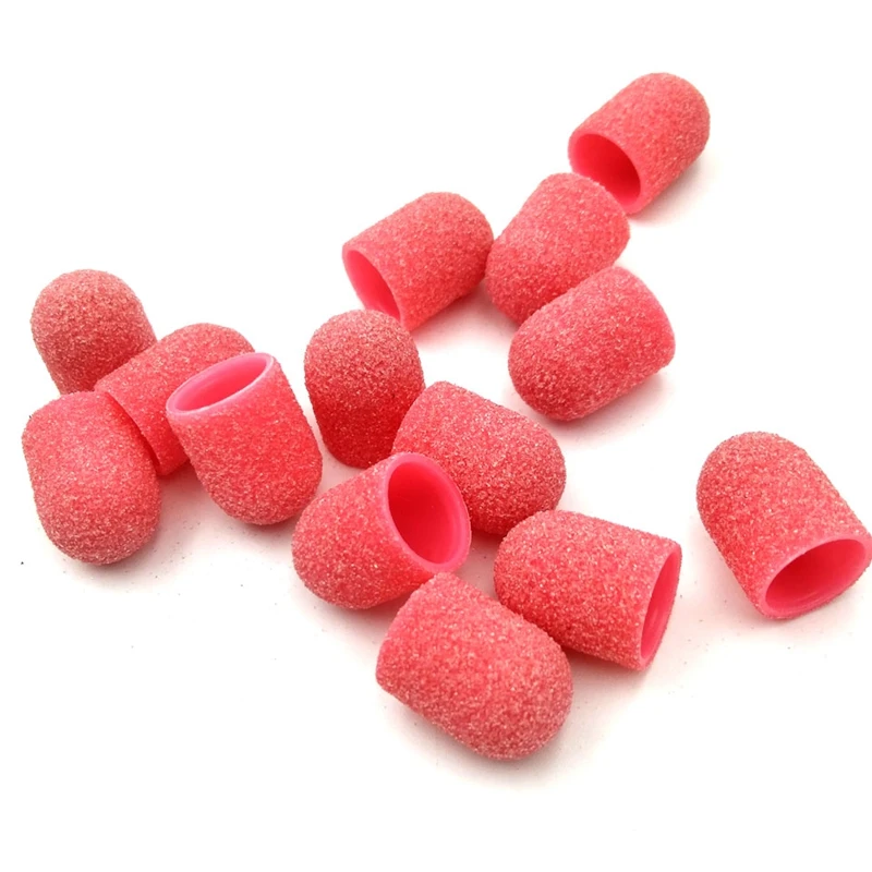 HTHL-50Pcs Plastic Base Pink Sanding Caps With Grip Pedicure Care Polishing Sand Block Drill Accessories Foot Cuticle Tool 10x