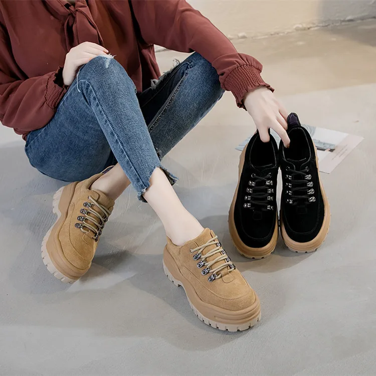 

Thick Bottomed Platform Shoes 2019 Autumn New Style Korean-style Harajuku Leather Shoes Female Sports Lace-up Low-top Shoes Wome