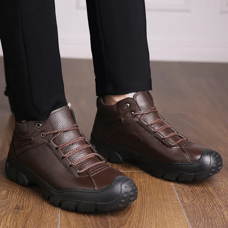 BOOZEROO New British Style Plus Velvet Leather Boots Men's Outdoor Fashion High-top Non-slip Work Cotton Shoes