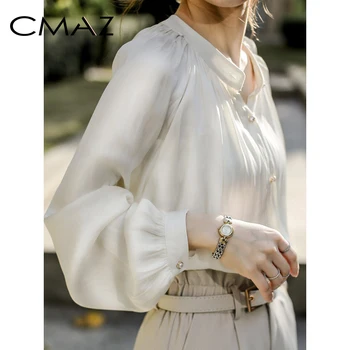

CMAZ Women Blouses 2020 Spring Summer Shirts Solid O-neck Vintage Lady Office Tops CMAZ1002