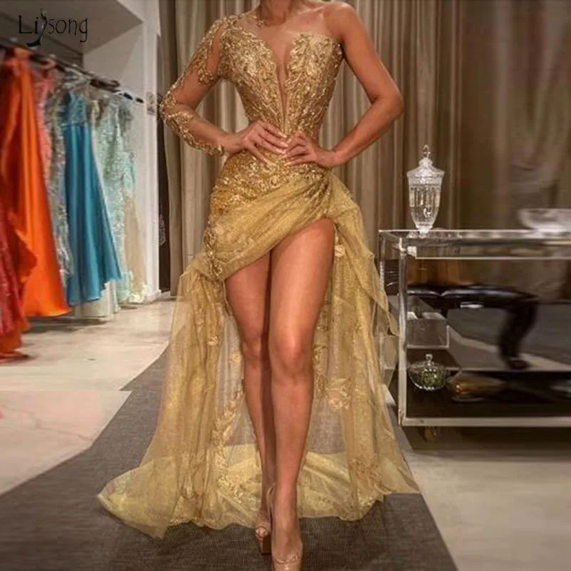 Модное Золотое платье для выпускного вечера robe de soiree одно плечо Аппликация Вечерние платья арабские официальные платья Hi Low abiye