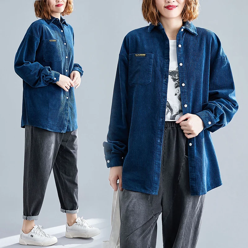 

BIG SIZE 4XL Spring Autumn Women Fashion Elegant Solid Tops Ladies Female Plus Large Long Sleeve Corduroy Cardigan Blouse Shirt