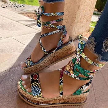 

2020 Summer Cross Tied Serpentine Solid Women Platform Wedges Sandals Fashion women Shoes Ladies Open Toe Sandals Women 35-43