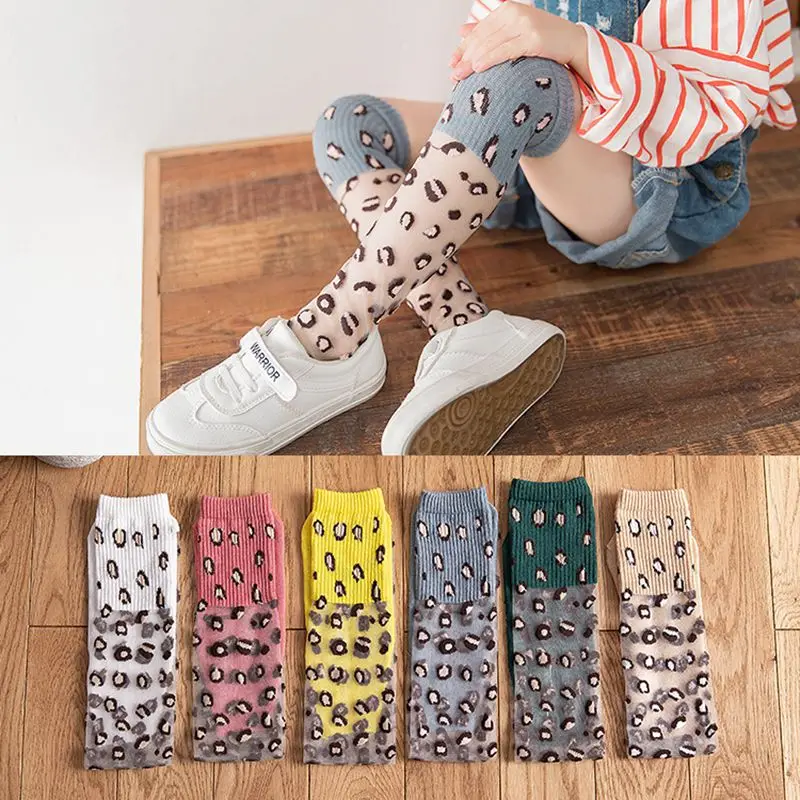 

New Autumn Girls Socks Knee High Socks Leopard print Children girls Glass Wire Breathable cotton long Socks 3-8 Year