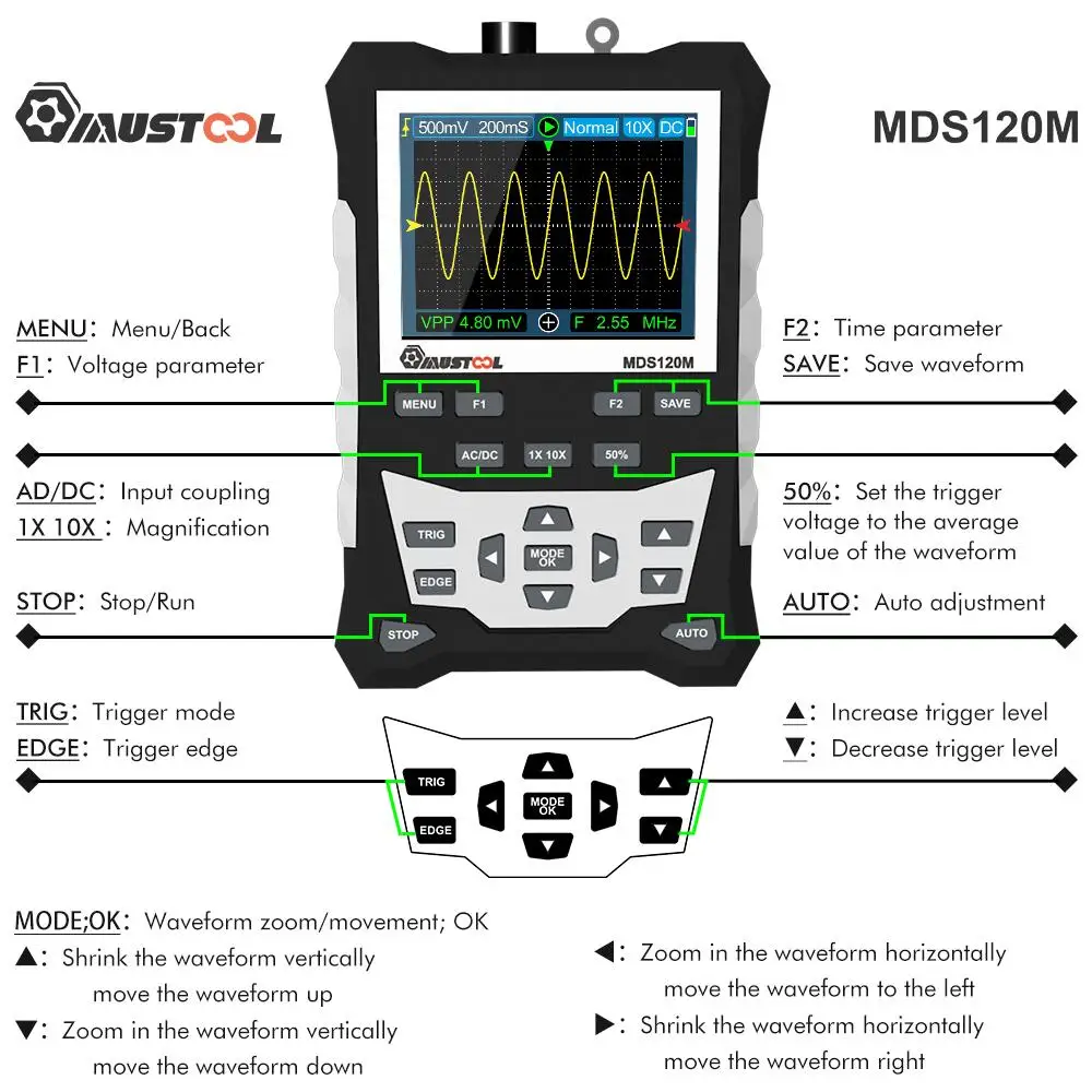 US $69.99 Mustool Mds120m Professional Digital Oscilloscope 120mhz Analog Bandwidth 500msS Sampling Rate 320x240 Lcd Screen With Backligh